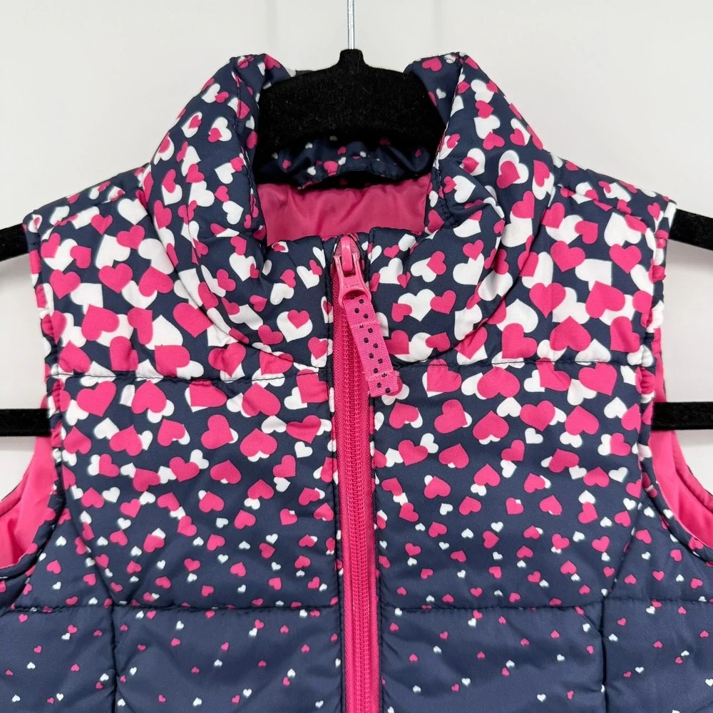 Lands End Kids Puffer Vest Navy Pink White Heart Print Size S 4 Full Zip Padded